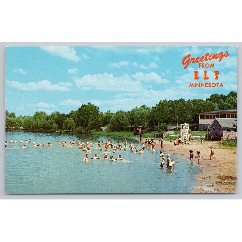 Vintage Ely, MN "Greetings From" Postcard Kids Swimming 1959 Shagawa Lake MN